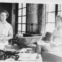 Mrs. Frank M. (Alberta) Jordan, having a cup of coffee with Mrs. Robert Tate