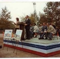 Photographs from Sacramento History Museum Groundbreaking. Unidentified speaker on the stage