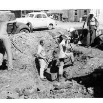 Drake's Bay. "Start of excavation of 1948 - possible Drake landing - Drakes Bay. D. Cutter, R.F. Heizer, F. Fenenga, and A. Neasham, among others."