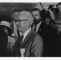 Hubert Humphrey, longtime U.S. Senator from Minnesota, 38th Vice President (under LBJ, 1965-1969), Democratic nominee for President, 1968, campaigns in Sacramento. He is shown with Assemblyman Leroy Greene and restauranteur George E. Johnson