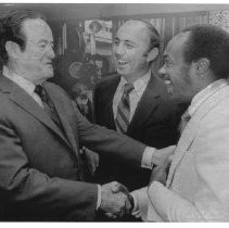 Hubert Humphrey, longtime U.S. Senator from Minnesota, 38th Vice President (under LBJ, 1965-1969), Democratic nominee for President, 1968, in Sacramento, campaigning. He is speaking with Assemblymembers Willlie Brown and Walter Karabian