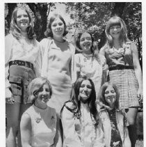 HANGTOWN HOSTESS CONTESTANTS - One of these girls will win the title of Hangtown Hostess by selling the most 1971 Wagon Train Booster buttons at $1 a piece