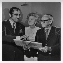 Ancil Hoffman (right), Mrs. Max Baer, and Bill "Judge" Pettite, legislative consultant to Assemblyman Vincent Thomas of Los Angeles, who was honored for his public service