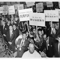 Presidential campaign of Hubert Humphrey, longtime U.S. Senator from Minnesota, 38th Vice President (under LBJ, 1965-1969), Democratic nominee for President, 1968. Crowd demonstrates on behalf of organized labor