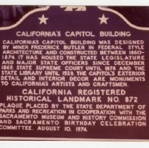 View of the plaque for California's Capitol Building in Sacramento California. Plaque dedicated on the 100th anniversary of the completion of the building. California State Landmark #872, Sacramento County