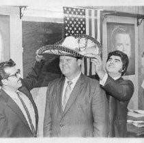 Duane Lowe in sombrero with Mexican-American supporters, Sal Mendoza (Mexican-American Political Association, MAPA) and Henry Lopez (Chicanos and Mexican-Americans for Lowe)