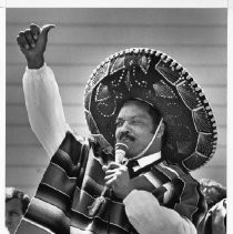 Jesse Jackson, the civil rights activist, founder of Rainbow/PUSH, and Baptist minister who ran for president in 1984 and 1988 and served as the first U.S. Shadow Senator from D.C. He rides in Cinco de Mayo parade in S.F. in sombrero and serape