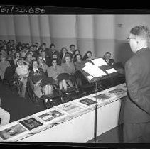 Newspaper Clinic, Jack Wilson addressing students in auditorium