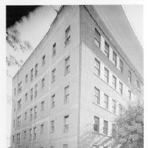Exterior view of the rear of the Merrium Apartments before demolition