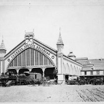 Central Pacific Railroad Depot with Western Hotel coach at the depot