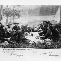Photographs of Sketches of Western Pioneer Trail scenes. Photograph of a survey team, several identified, 1872