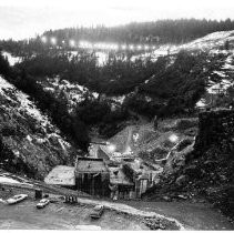 Lights illuminate the constructon crews which work around the clock on the huge Bullards Bar Dam project