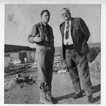 Harold T. "Bizz" Johnson, California state senator (1948-1958) and U.S. Congressman (1958-1981). He was known for his work as the chairman of the House Public Works Committee. Here, he and US official Dale Schoenemen inspect Rehama-Colusa Canal