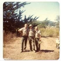 Photographs of landscape of Bolinas Bay. Three unidentified men at dig site