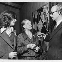 Claire Giannini Hoffman, daughter of Bank of Italy/Bank of America founder A.P. Giannini, talking withe Joe D'Alessandra (left), chair of the Italian-American Bicentennial Committee and Paolo Emilio Mussa, consul general of Italy