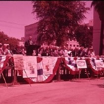 View of the festivities for the Sacramento Redevelopment Agency's groundbreaking ceremonies including speeches by local dignitaries