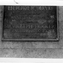 View of the plaque for Hooker Oak, Sir John Hooker, botanist, California State Landmark #313 in Bidwell Park, Butte County