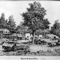 Copy of an early Sacramento lithograph depicting the waterfront area, circa 1849