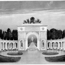 View of the Memorial Arch dedicated to California's early pioneers stands in front of the California State Capitol at the entrance to Capitol Park, at 15th and M Streets (Capitol Ave.)