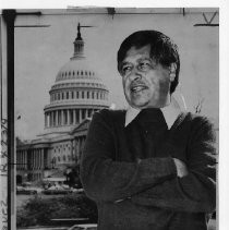 Cesar Chavez, President of United Farm Workers, pictured in front of the US Capitol in Washington, D.C