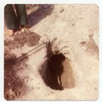 Photographs of landscape of Bolinas Bay. "Wrought iron frying pan in situ 2'3" below surface, excavated by Robert Gilbert, Irene S. Neasham, and V. Aubrey Neasham, July 22, 1978, at suggested Drake fort site, west shore of Bolinas Lagoon, Marin County, Calif." V.A.N. 8-14-78