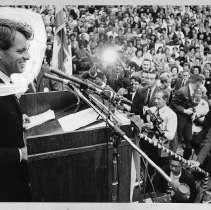 Senator Robert F. Kennedy (D-NY) in Sacramento, campaigning for Gov. Pat Brown in the Sacramento City College gym