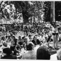 Bob Hope, the legendary comedian and movie and TV star, "...strikes a famous pose as he entertains hundreds gathered on the lawn at the Capitol."