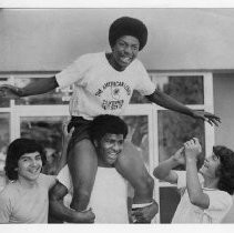 Gov. Tim Hutchinson of Lompoc (American Legion's California Boys State program) takes a victory ride on the shoulders of Mark White of S.F. Richard Alcala left and Ian MacLean, right