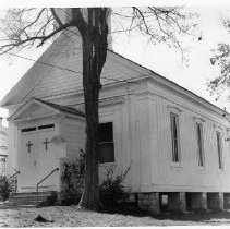 View of the wooden Congregational Church of Mokelumne Hill, Calaveras County, built in 1858