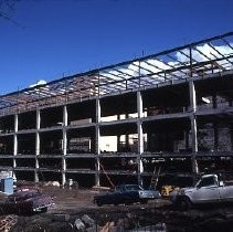 Site of the Downtown Plaza Parking Garage, Lot "G" near Macy's Department Store, 4th, 5th K and L Streets under construction. This view is looking east from the Fratt Building in Old Sacramento