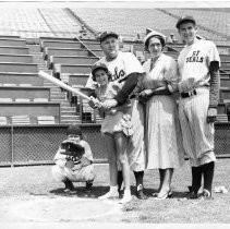 From left, Billy Heath (catching), Harlene Heath (batting), Tommy Heath (manager, SF Seals), Lavarre Heath, Bob Heath