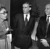 Governor Edmund G. Brown, Jr. with the head of the Economic Council of Canada (Sylvia Ostry) and a representative from Mexican government (Jaime Corredor) after meeting with economists and representatives from the two countries to push Brown's plan for a North American common market