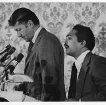 Lt. Gov. John L. Harmer, left, listens as Sen. Mervyn Dymally makes a point during their debate before the Sacramento Press Club (campaign for Lt. Gov. of California)