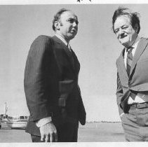 Hubert Humphrey, longtime U.S. Senator from Minnesota, 38th Vice President (under LBJ, 1965-1969), Democratic nominee for President, 1968, at Executive Airport in Sacramento with Assembly Majority Leader Walter Karabian