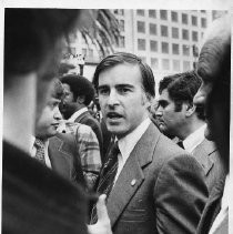 Edmund "Jerry " Brown, Jr., speaking with group