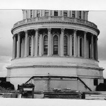 Exterior view of the California State Capitol dome. This view shows the top of the annex construction