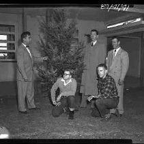 Five men with Christmas tree