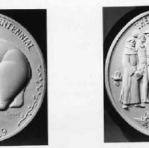 View of the front and back of the mediallion adopted for the California Bicentennial, 1769-1969