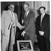 Vernard B. Hickey (center), athletic director at UCD, was honored at an Arbor Day ceremony after he announced he will retire after 30 years with the Aggies. Left, Chancellor Emil M. Mrak; right, student chairman Leonard Dunn