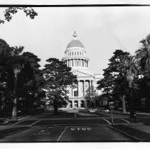 Exterior view of the California State Capitol building showing the west entrance