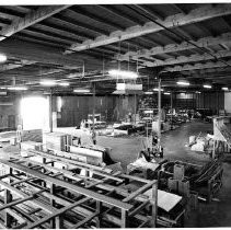 Elevated view of the warehouse holding the inventory of artifacts from the California State Capitol restoration project