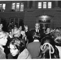 Mayor Richard H. Marriott is shown on the City Hall steps as he announces cancellation of the City Council meeting because of a bomb scare