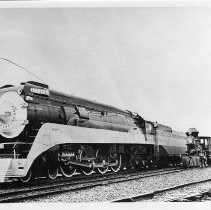 View of the C. P. Huntington Locomotive next to the modern locomotive at Sacramento