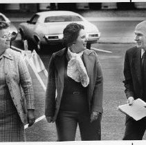 Alan Cranston US Senator, right on his arrival at Norton Hall, Woodland, California and Twila Thompson, left Chairwoman Yolo County Board of Supervisors, Betsy Marchand, center, Supervisor Yolo County Board of Supervisors