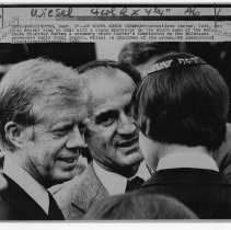 President Jimmy Carter and Elie Weisel at a White House ceremony where Carter's Commission on the Holocaust presented their final report