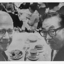 Dr. S.I. Hayakawa was the speaker at a testimonial dinner given for Assemblyman Leroy R. Greene of Sacramento, left, in the Woodlake Inn