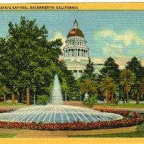 Exterior view of the California State Capitol and park looking at the western entrance