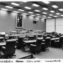 Interior view of the temporary state senate chambers while the California State Capitol building undergoes restoration