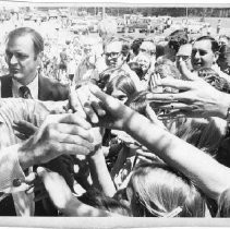 Hubert Humphrey, longtime U.S. Senator from Minnesota, 38th Vice President (under LBJ, 1965-1969), Democratic nominee for President, 1968. He is shaking hands with a crowd in Sacramento