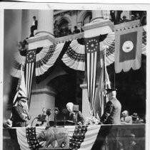 Exterior view of Governor "Sunny" Jim Rolph giving his inaugural address, January 6, 1931 outside the California State Capitol